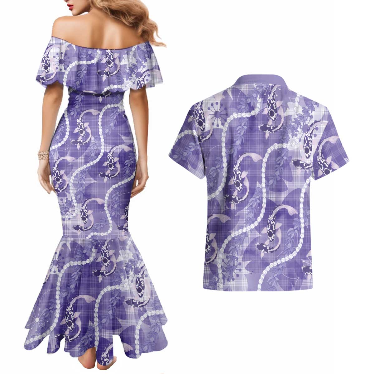 Japanese Koi Fish Couples Matching Mermaid Dress and Hawaiian Shirt Purple Wagara Palaka Honohono Pikake Lei LT9 - Polynesian Pride