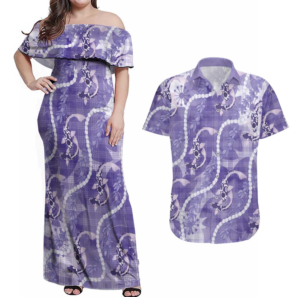 Japanese Koi Fish Couples Matching Off Shoulder Maxi Dress and Hawaiian Shirt Purple Wagara Palaka Honohono Pikake Lei