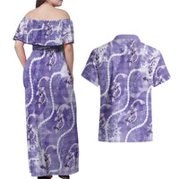 Japanese Koi Fish Couples Matching Off Shoulder Maxi Dress and Hawaiian Shirt Purple Wagara Palaka Honohono Pikake Lei