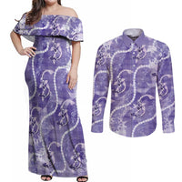 Japanese Koi Fish Couples Matching Off Shoulder Maxi Dress and Long Sleeve Button Shirt Purple Wagara Palaka Honohono Pikake Lei