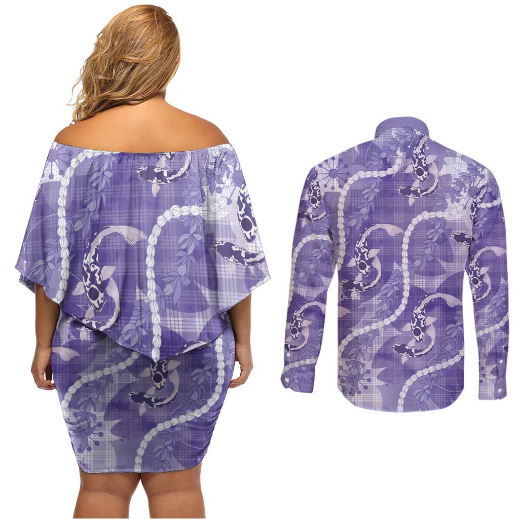 Japanese Koi Fish Couples Matching Off Shoulder Short Dress and Long Sleeve Button Shirt Purple Wagara Palaka Honohono Pikake Lei