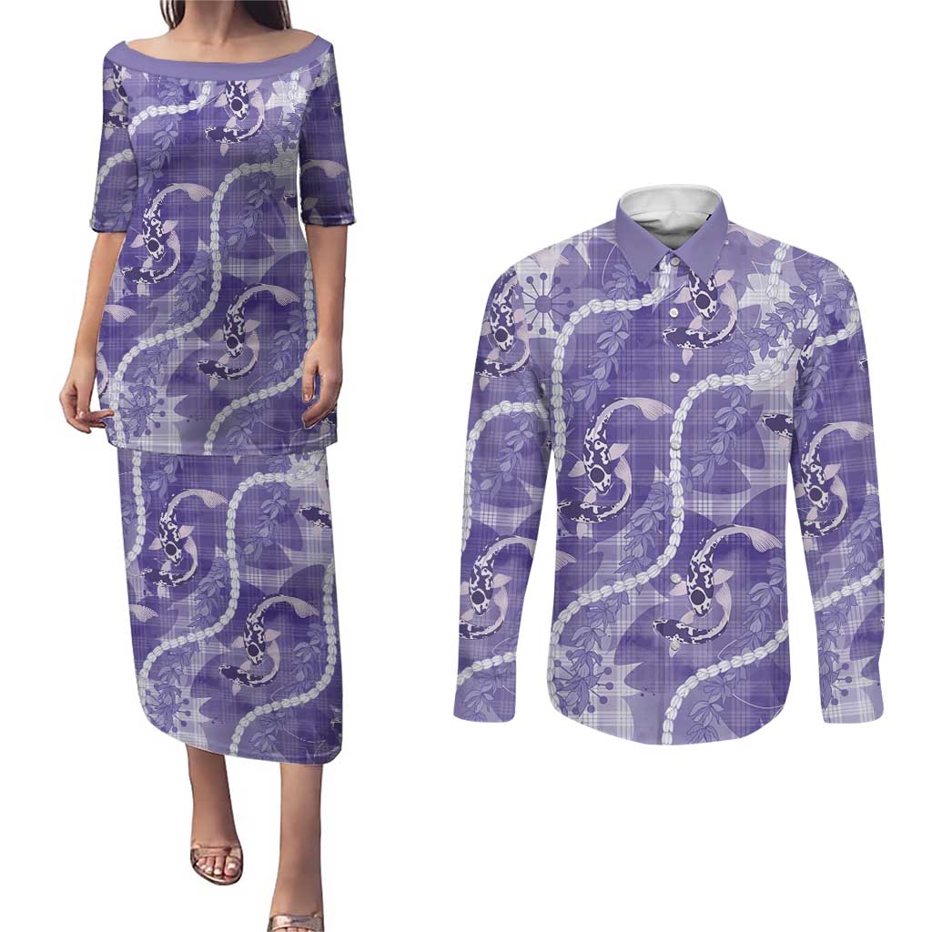 Japanese Koi Fish Couples Matching Puletasi and Long Sleeve Button Shirt Purple Wagara Palaka Honohono Pikake Lei LT9 Purple - Polynesian Pride