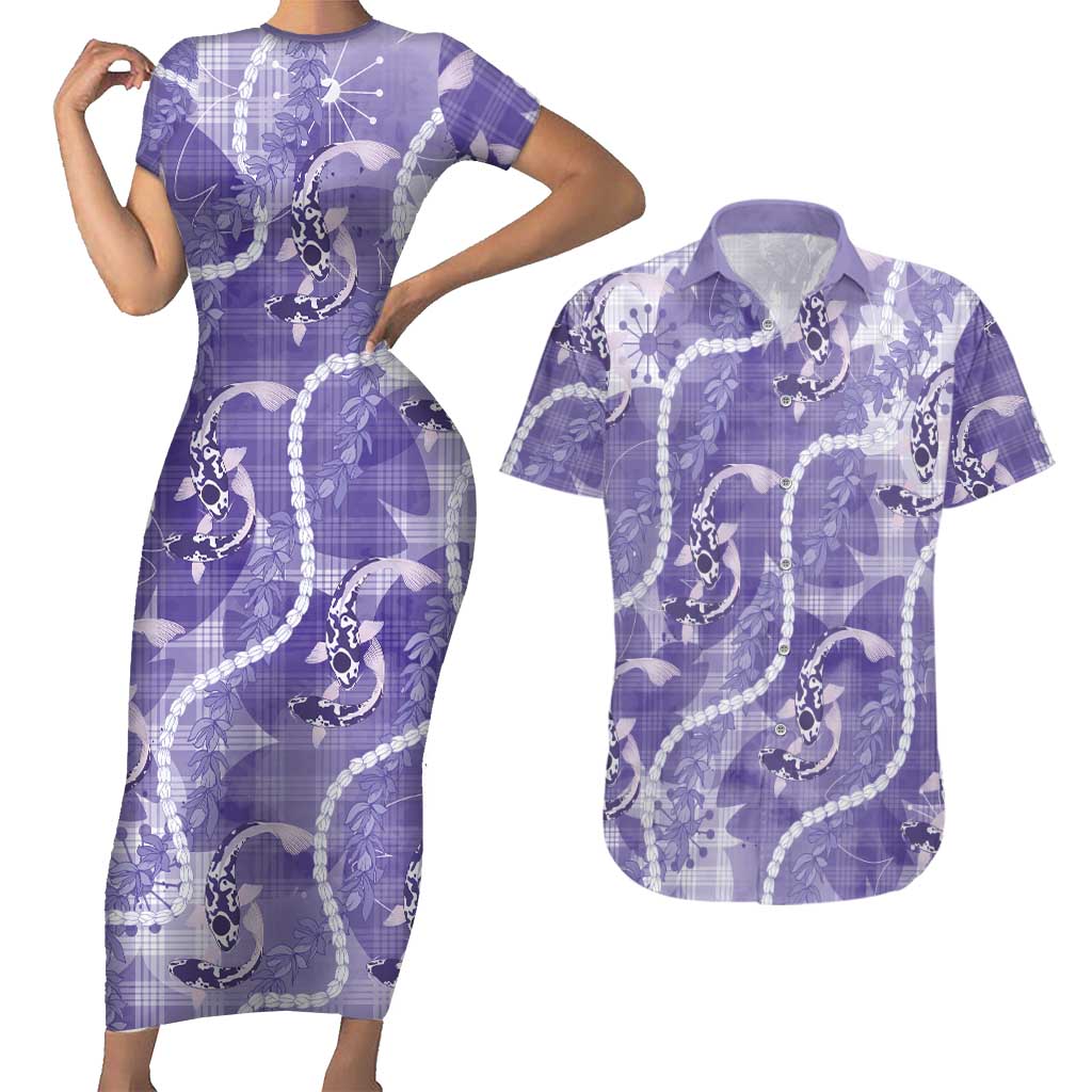 Japanese Koi Fish Couples Matching Short Sleeve Bodycon Dress and Hawaiian Shirt Purple Wagara Palaka Honohono Pikake Lei LT9 Purple - Polynesian Pride