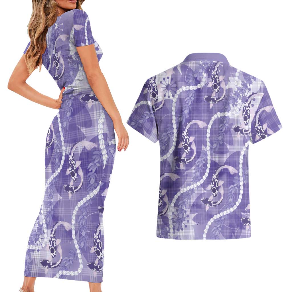 Japanese Koi Fish Couples Matching Short Sleeve Bodycon Dress and Hawaiian Shirt Purple Wagara Palaka Honohono Pikake Lei LT9 - Polynesian Pride
