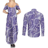 Japanese Koi Fish Couples Matching Summer Maxi Dress and Long Sleeve Button Shirt Purple Wagara Palaka Honohono Pikake Lei