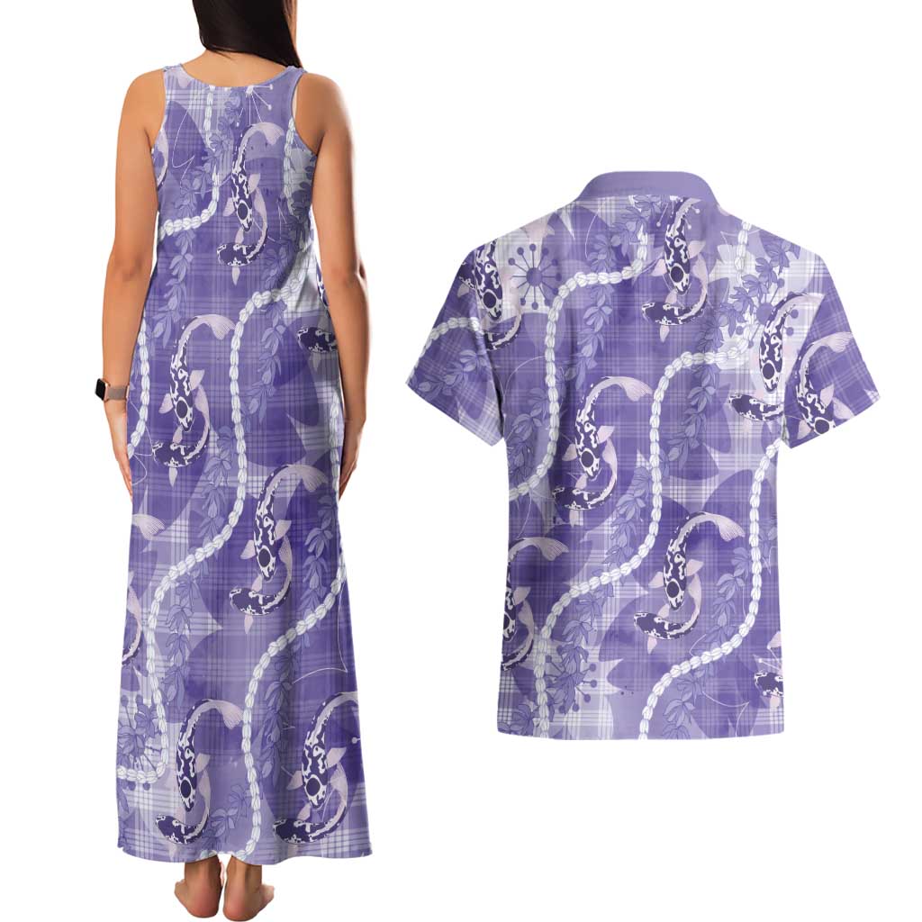 Japanese Koi Fish Couples Matching Tank Maxi Dress and Hawaiian Shirt Purple Wagara Palaka Honohono Pikake Lei LT9 - Polynesian Pride