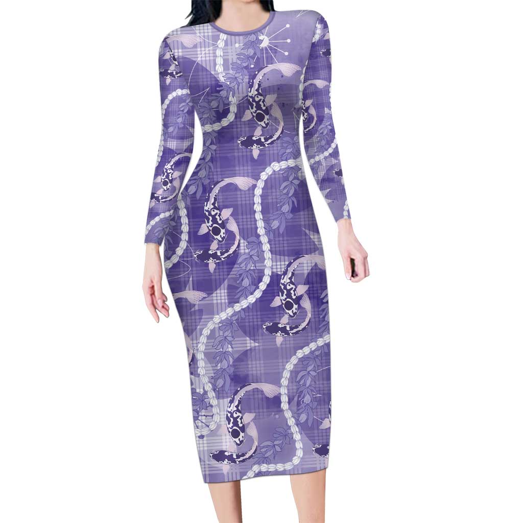Japanese Koi Fish Family Matching Long Sleeve Bodycon Dress and Hawaiian Shirt Purple Wagara Palaka Honohono Pikake Lei