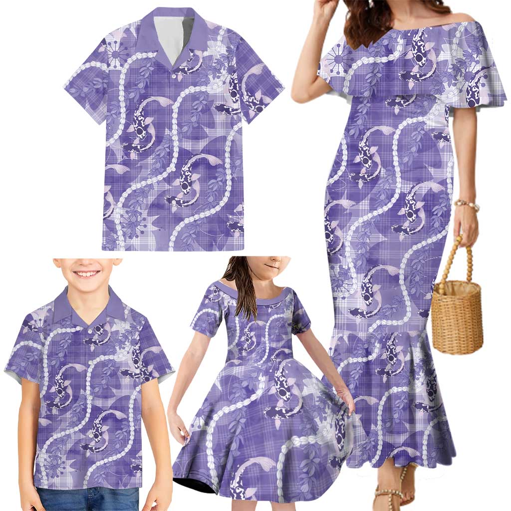Japanese Koi Fish Family Matching Mermaid Dress and Hawaiian Shirt Purple Wagara Palaka Honohono Pikake Lei