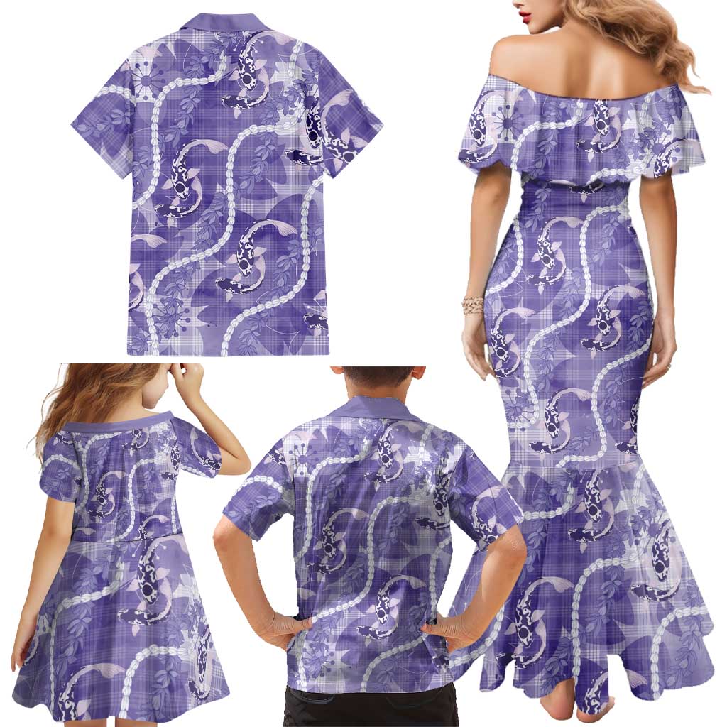 Japanese Koi Fish Family Matching Mermaid Dress and Hawaiian Shirt Purple Wagara Palaka Honohono Pikake Lei