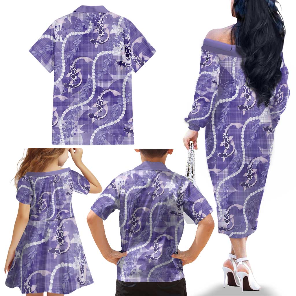 Japanese Koi Fish Family Matching Off The Shoulder Long Sleeve Dress and Hawaiian Shirt Purple Wagara Palaka Honohono Pikake Lei