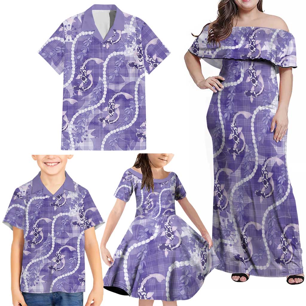 Japanese Koi Fish Family Matching Off Shoulder Maxi Dress and Hawaiian Shirt Purple Wagara Palaka Honohono Pikake Lei