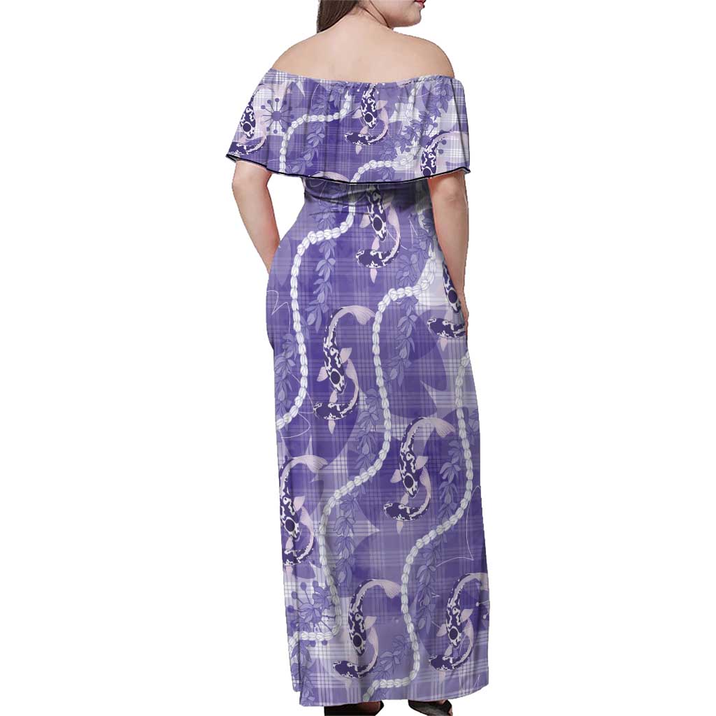 Japanese Koi Fish Family Matching Off Shoulder Maxi Dress and Hawaiian Shirt Purple Wagara Palaka Honohono Pikake Lei