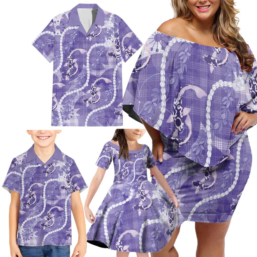 Japanese Koi Fish Family Matching Off Shoulder Short Dress and Hawaiian Shirt Purple Wagara Palaka Honohono Pikake Lei