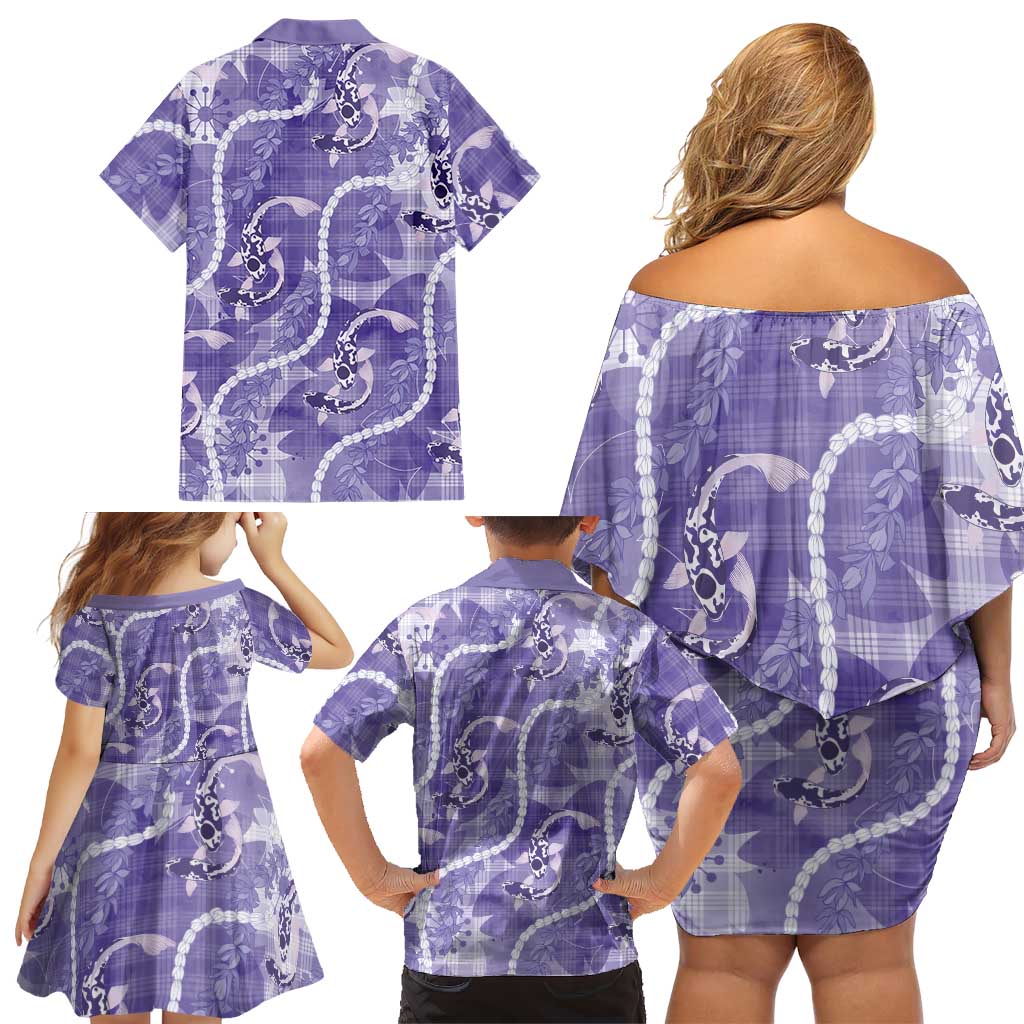 Japanese Koi Fish Family Matching Off Shoulder Short Dress and Hawaiian Shirt Purple Wagara Palaka Honohono Pikake Lei