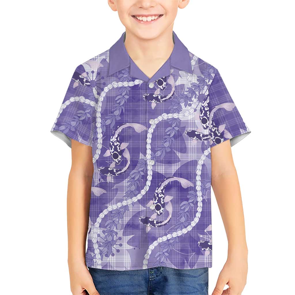 Japanese Koi Fish Family Matching Off Shoulder Short Dress and Hawaiian Shirt Purple Wagara Palaka Honohono Pikake Lei
