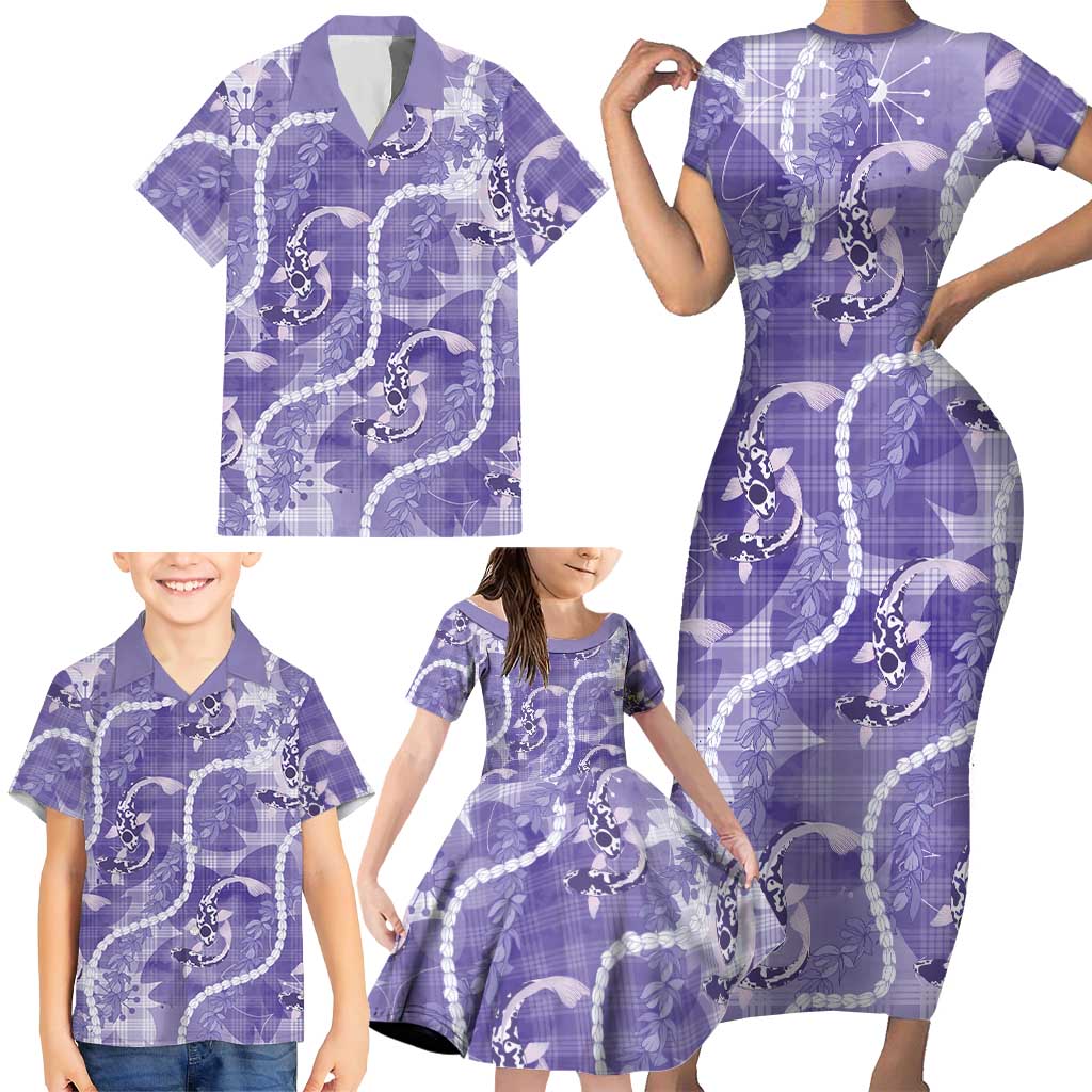 Japanese Koi Fish Family Matching Short Sleeve Bodycon Dress and Hawaiian Shirt Purple Wagara Palaka Honohono Pikake Lei