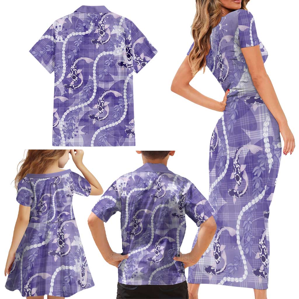 Japanese Koi Fish Family Matching Short Sleeve Bodycon Dress and Hawaiian Shirt Purple Wagara Palaka Honohono Pikake Lei