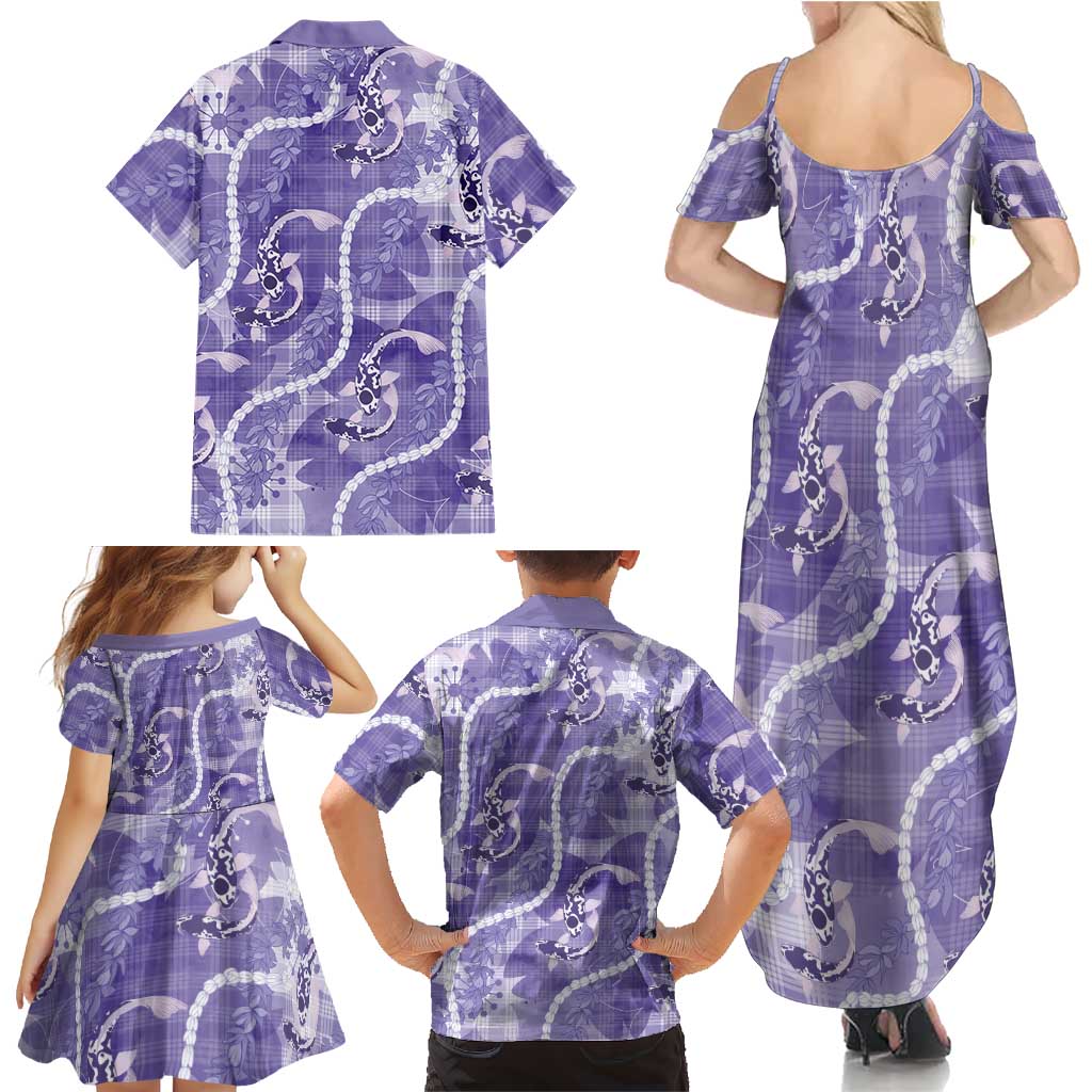 Japanese Koi Fish Family Matching Summer Maxi Dress and Hawaiian Shirt Purple Wagara Palaka Honohono Pikake Lei