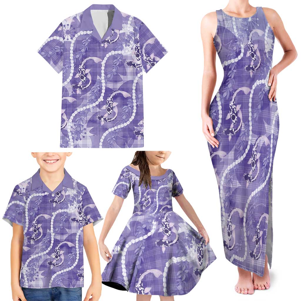 Japanese Koi Fish Family Matching Tank Maxi Dress and Hawaiian Shirt Purple Wagara Palaka Honohono Pikake Lei