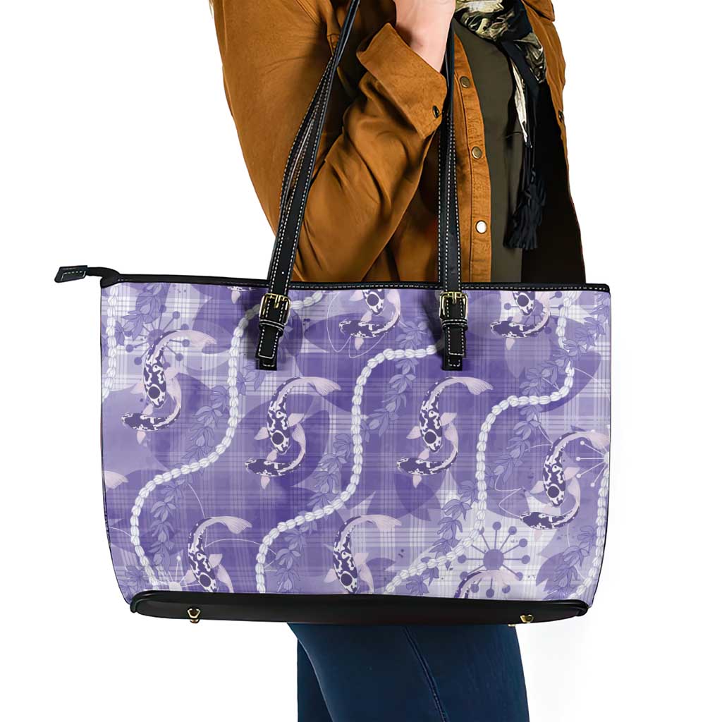 Japanese Koi Fish Leather Tote Bag Purple Wagara Palaka Honohono Pikake Lei