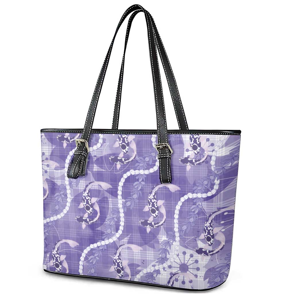 Japanese Koi Fish Leather Tote Bag Purple Wagara Palaka Honohono Pikake Lei