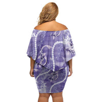 Japanese Koi Fish Off Shoulder Short Dress Purple Wagara Palaka Honohono Pikake Lei LT9 - Polynesian Pride
