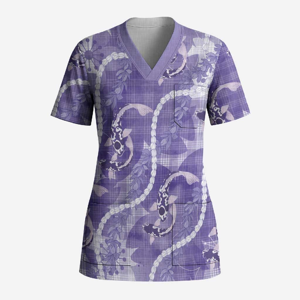 Japanese Koi Fish Scrub Top Purple Wagara Palaka Honohono Pikake Lei