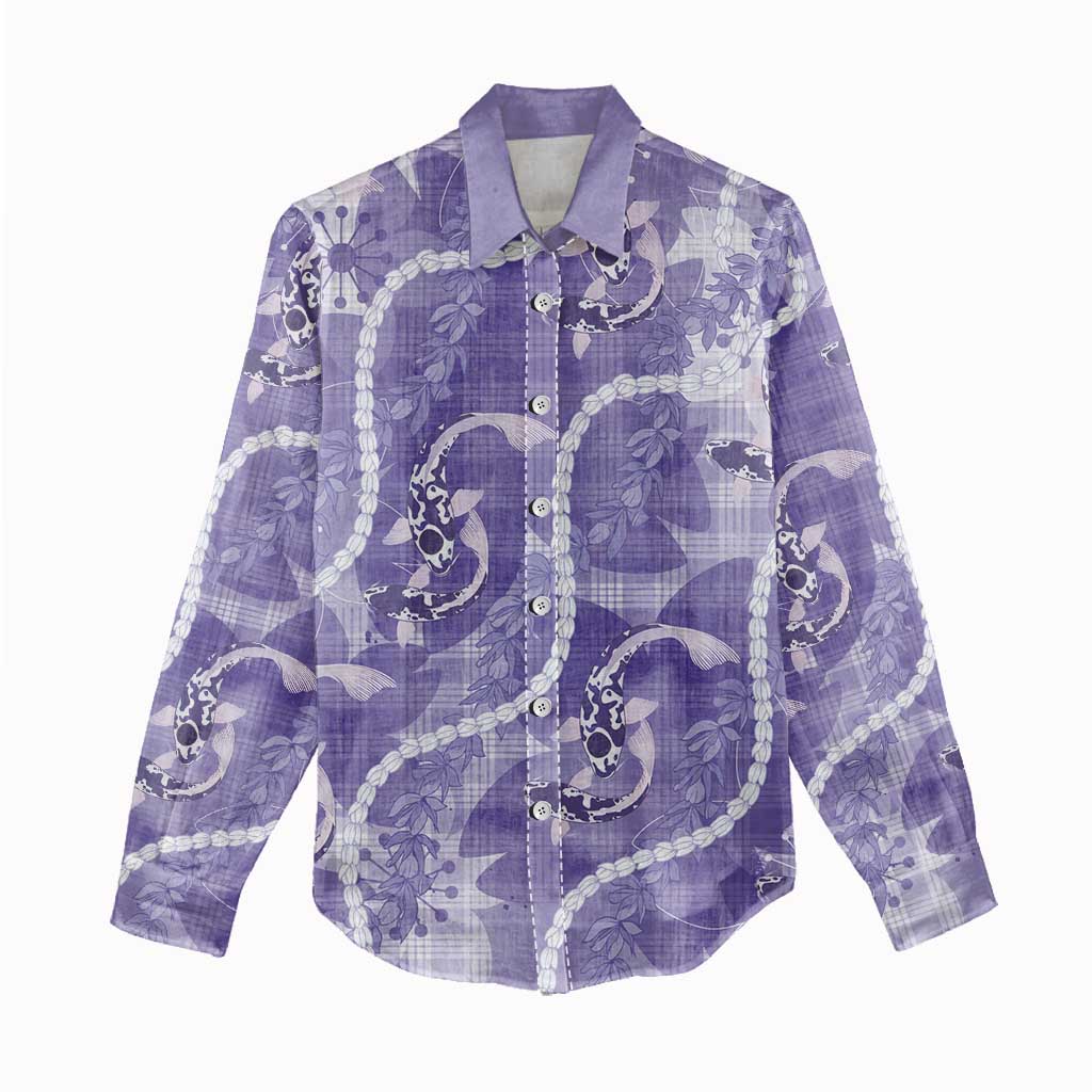 Japanese Koi Fish Women Casual Shirt Purple Wagara Palaka Honohono Pikake Lei