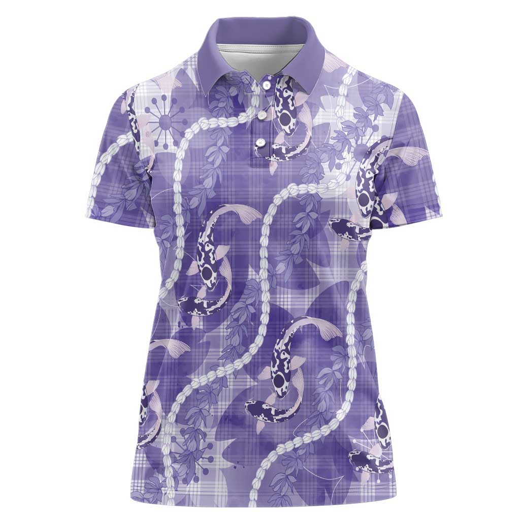 Japanese Koi Fish Women Polo Shirt Purple Wagara Palaka Honohono Pikake Lei