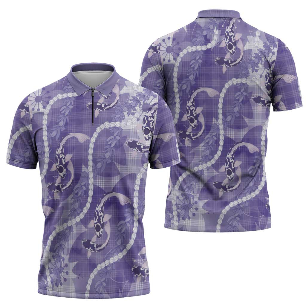 Japanese Koi Fish Zipper Polo Shirt Purple Wagara Palaka Honohono Pikake Lei LT9 - Polynesian Pride