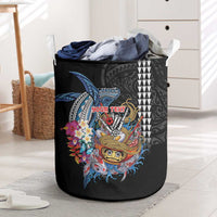 Personalized Japanese Koi Fish Ramen Laundry Basket Aloha Shark Kakau Pattern LT9 Black - Polynesian Pride