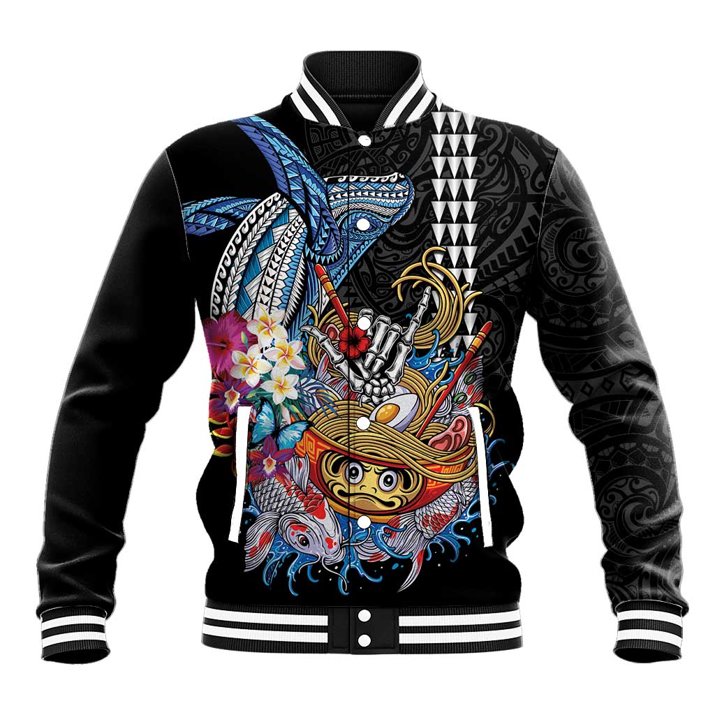 Personalized Japanese Koi Fish Ramen Baseball Jacket Aloha Shark Kakau Pattern LT9 Unisex Black - Polynesian Pride