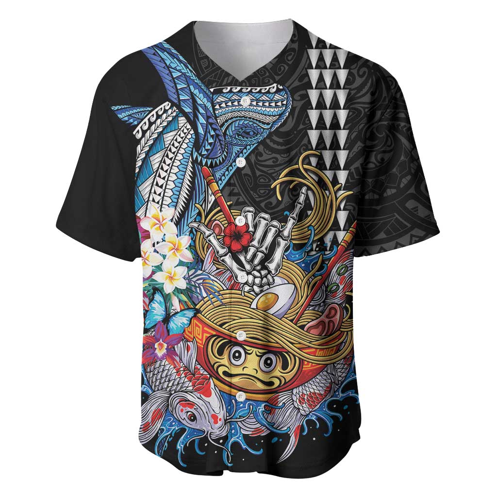 Personalized Japanese Koi Fish Ramen Baseball Jersey Aloha Shark Kakau Pattern LT9 Black - Polynesian Pride