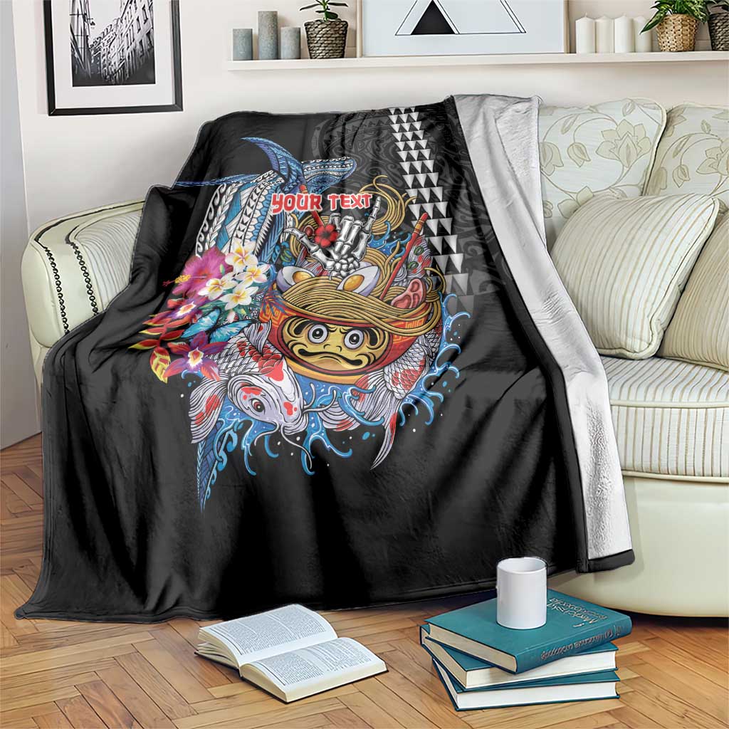 Personalized Japanese Koi Fish Ramen Blanket Aloha Shark Kakau Pattern LT9 Black - Polynesian Pride