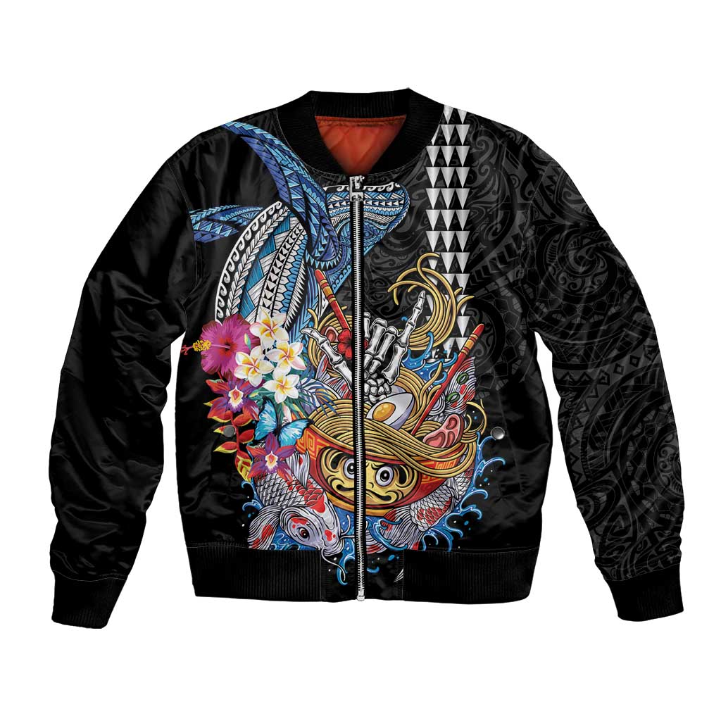Personalized Japanese Koi Fish Ramen Bomber Jacket Aloha Shark Kakau Pattern LT9 Unisex Black - Polynesian Pride