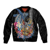 Personalized Japanese Koi Fish Ramen Bomber Jacket Aloha Shark Kakau Pattern LT9 Unisex Black - Polynesian Pride