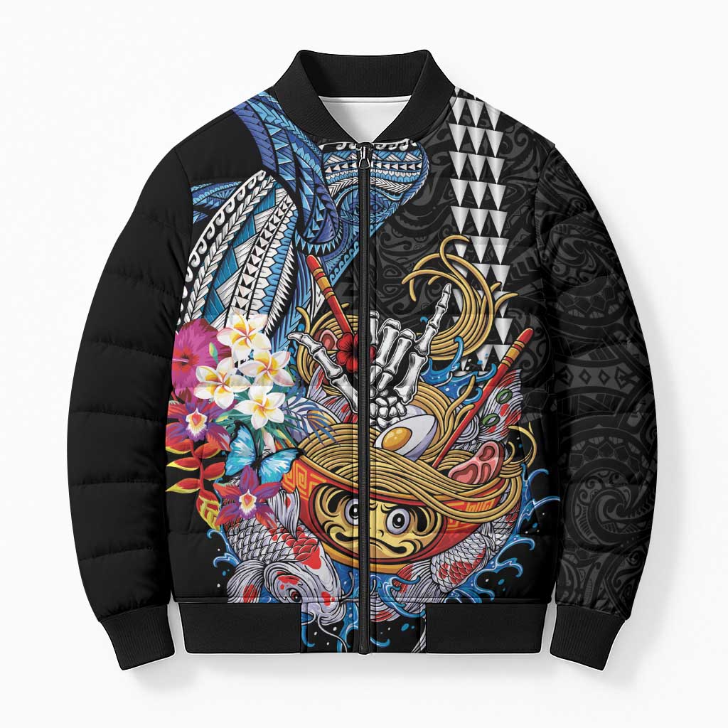 Personalized Japanese Koi Fish Ramen Bomber Puffer Jacket Aloha Shark Kakau Pattern LT9 Unisex Black - Polynesian Pride