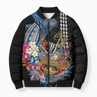 Personalized Japanese Koi Fish Ramen Bomber Puffer Jacket Aloha Shark Kakau Pattern LT9 Unisex Black - Polynesian Pride