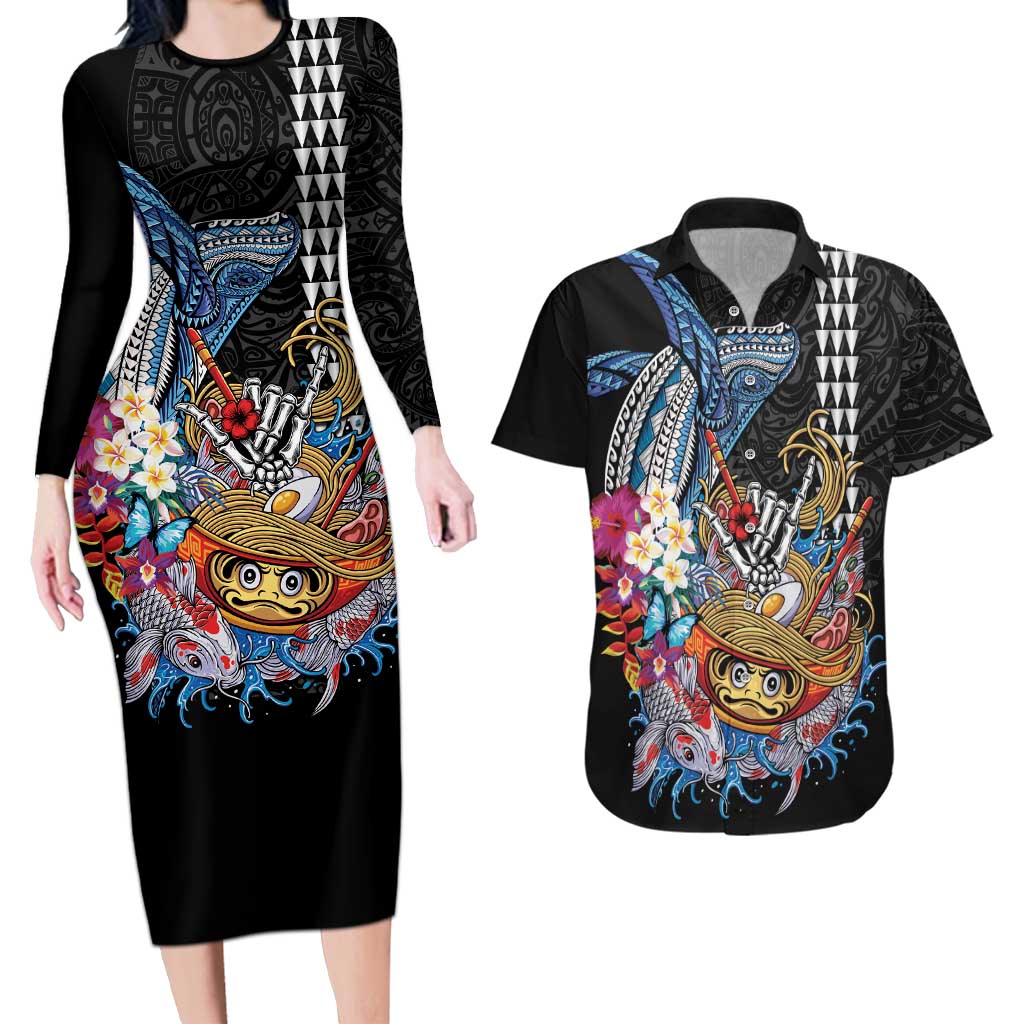 Personalized Japanese Koi Fish Ramen Couples Matching Long Sleeve Bodycon Dress and Hawaiian Shirt Aloha Shark Kakau Pattern