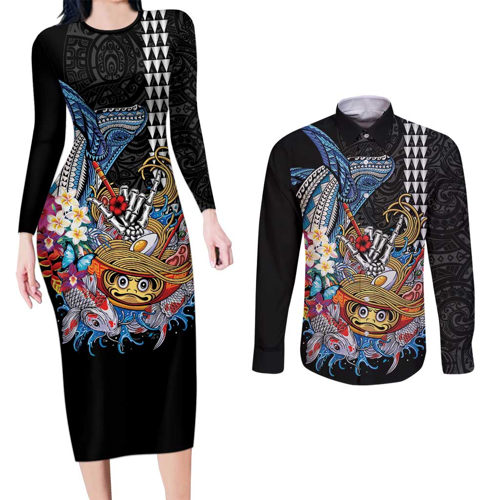 Personalized Japanese Koi Fish Ramen Couples Matching Long Sleeve Bodycon Dress and Long Sleeve Button Shirt Aloha Shark Kakau Pattern