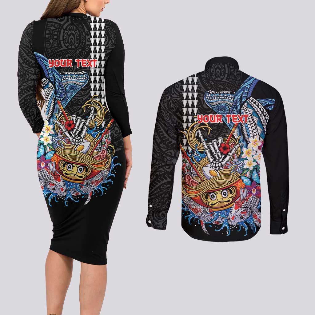 Personalized Japanese Koi Fish Ramen Couples Matching Long Sleeve Bodycon Dress and Long Sleeve Button Shirt Aloha Shark Kakau Pattern