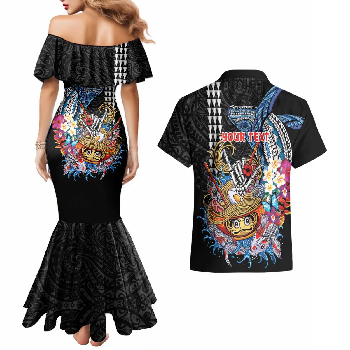 Personalized Japanese Koi Fish Ramen Couples Matching Mermaid Dress and Hawaiian Shirt Aloha Shark Kakau Pattern