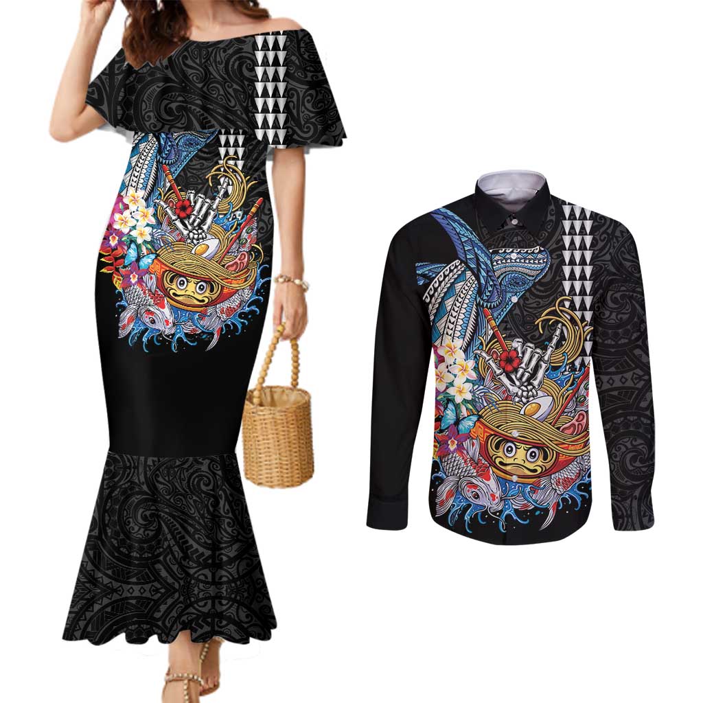 Personalized Japanese Koi Fish Ramen Couples Matching Mermaid Dress and Long Sleeve Button Shirt Aloha Shark Kakau Pattern