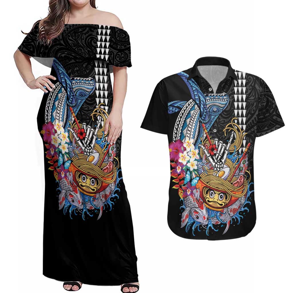 Personalized Japanese Koi Fish Ramen Couples Matching Off Shoulder Maxi Dress and Hawaiian Shirt Aloha Shark Kakau Pattern