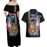 Personalized Japanese Koi Fish Ramen Couples Matching Off Shoulder Maxi Dress and Hawaiian Shirt Aloha Shark Kakau Pattern