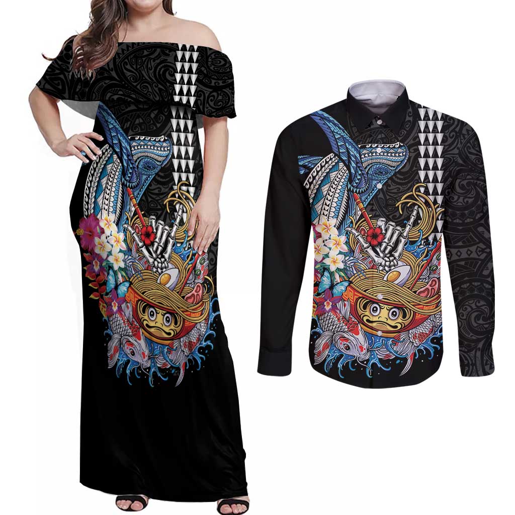 Personalized Japanese Koi Fish Ramen Couples Matching Off Shoulder Maxi Dress and Long Sleeve Button Shirt Aloha Shark Kakau Pattern