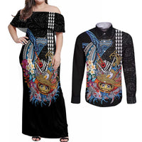 Personalized Japanese Koi Fish Ramen Couples Matching Off Shoulder Maxi Dress and Long Sleeve Button Shirt Aloha Shark Kakau Pattern