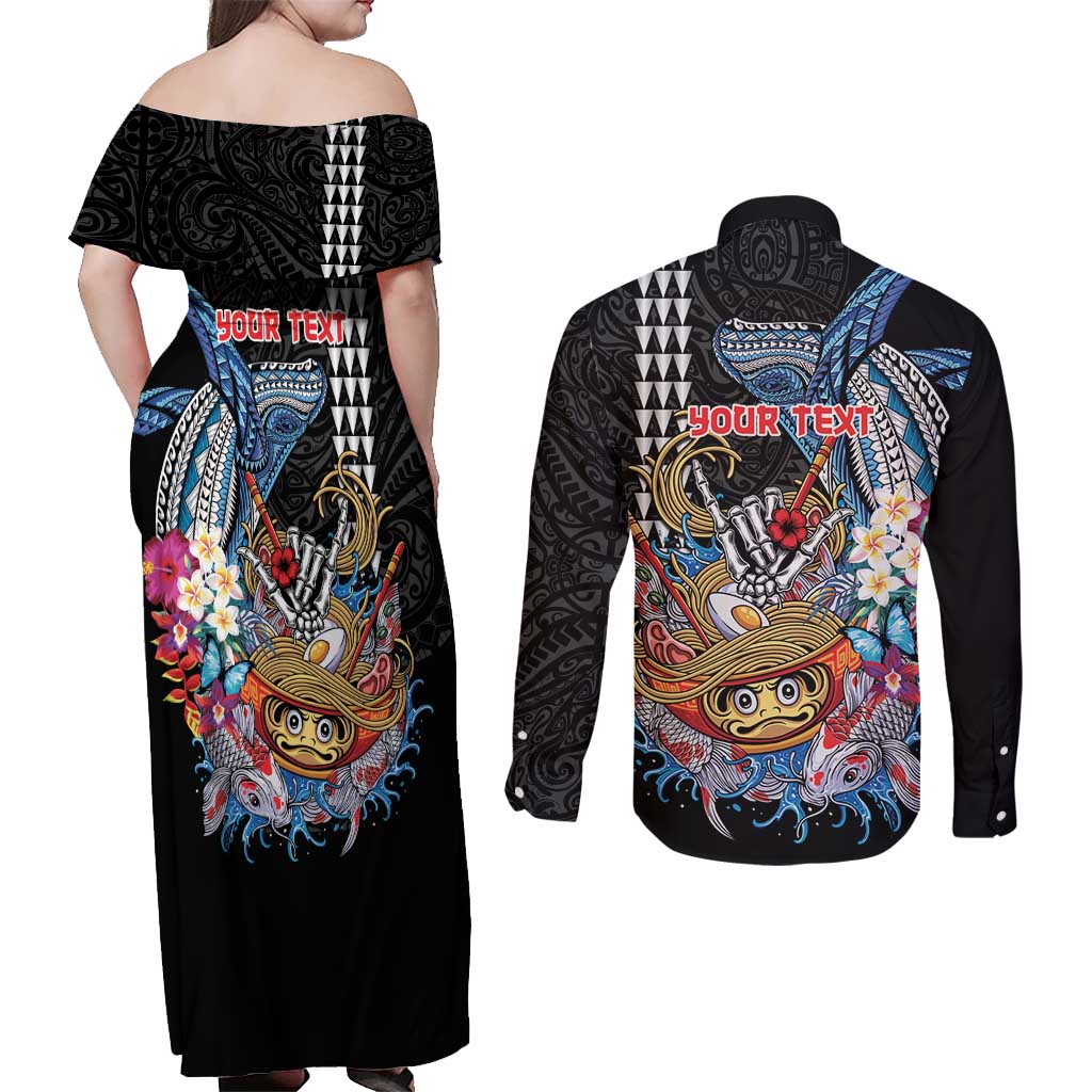 Personalized Japanese Koi Fish Ramen Couples Matching Off Shoulder Maxi Dress and Long Sleeve Button Shirt Aloha Shark Kakau Pattern