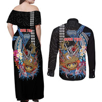 Personalized Japanese Koi Fish Ramen Couples Matching Off Shoulder Maxi Dress and Long Sleeve Button Shirt Aloha Shark Kakau Pattern