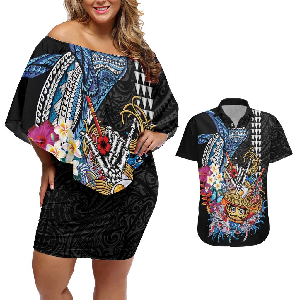 Personalized Japanese Koi Fish Ramen Couples Matching Off Shoulder Short Dress and Hawaiian Shirt Aloha Shark Kakau Pattern